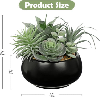Hollyone Artificial Succulents in Pots Fake Plants Faux Succulent Flowers Arrangement Potted Plant in Vase Black Ceramic Planter Bowl Office Desk Bathroom Shelf Indoor Outdoor Home Decor(Sage Green)