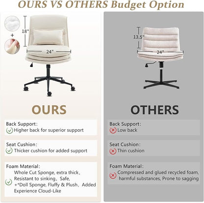 VINGLI Cloud Criss Cross Legged Chair,18" High Back Armless Home Office Desk Chair with Wheels,Wide Adjustable Comfy Padded Seat Task Computer Chair,Modern Swivel Makeup Vanity Chair,Microfiber,Beige