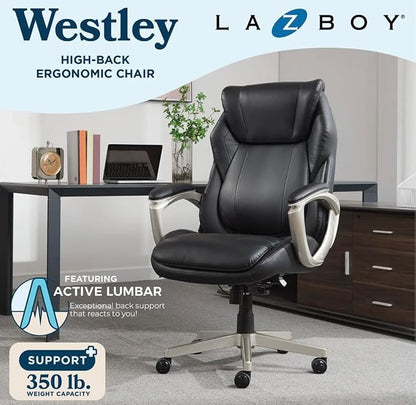 Lazzyboyy Executive Office Chair, Black Leather, Big and Tall, Active Lumbar Support, Ergonomic Design with Silver Base-Patented Active Lumbar Technology-Construction Supports up to 350lbs