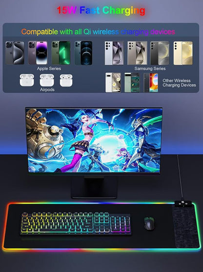 Mouse Pad with Wireless Charging, Large Desk Mat RGB Gaming Mousepad, 10 Light Colors LED Gaming Pad Keyboard Pad with Ultra-Smooth Surface & Non-Slip Rubber Base, Waterproof Full Desk Mouse Pad