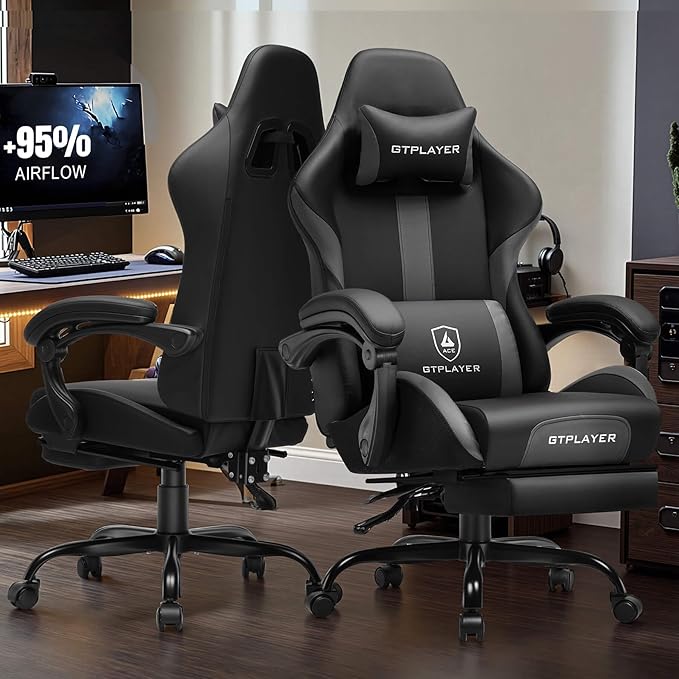 GTPLAYER Gaming Chair with Pocket Spring Cushion, Leather Office Chair with Ergonomic High Back & Lumbar Support for Back Pain Relief, Computer Game Chair for Adults, Gray