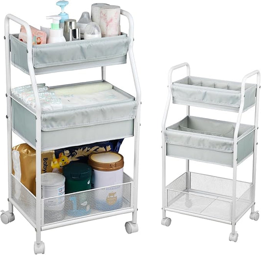 Moteph Rolling Utility Cart with Wheels, 3-Tier Diaper Cart, Rolling Nursery Cart & Baby Caddy Organizer for Nursery Essentials, Bedside/Postpartum Cart, Craft & Art Storage, Rolling Book Cart