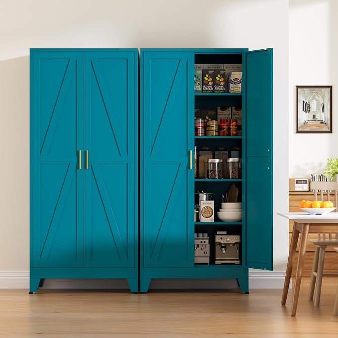 71" Tall Metal Pantry Cabinet, Kitchen Storage Cabinet with 2 Doors and 4 Adjustable Shelves for Kitchen, Living Room, Dining Room, Bathroom and Home, Office (Blue, 1PC)