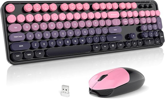 Wireless Keyboard and Mouse Combo, 2.4GHz Gradient Colorful Full-Size Retro Typewriter Keyboard with Wireless Mouse for PC/Desktop/Laptop/Windows (Berry Pink)