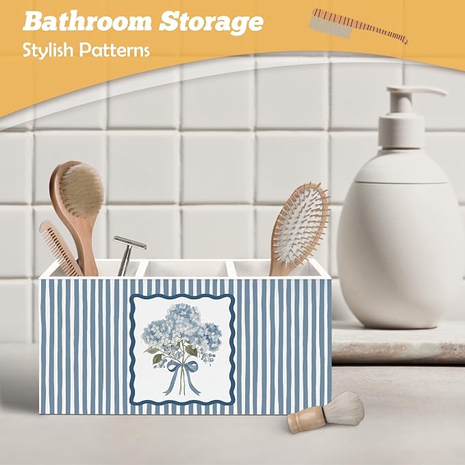 Blue Hydrangea Floral Pen Holder Organizer for Desk Accessories, Floral Office Decor, Blue Striped Cottagecore Botanical Hydrangea Flower Wooden Box Sign Desk Decorations for Home Office Decor