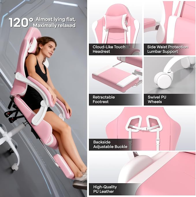 Athena Collection Gaming Chair, Ergonomic Gaming Chair with Footrest & Headrest Lumbar Support, Height Adjustable Swivel Computer Chair Office Chair for Adults (Pink)
