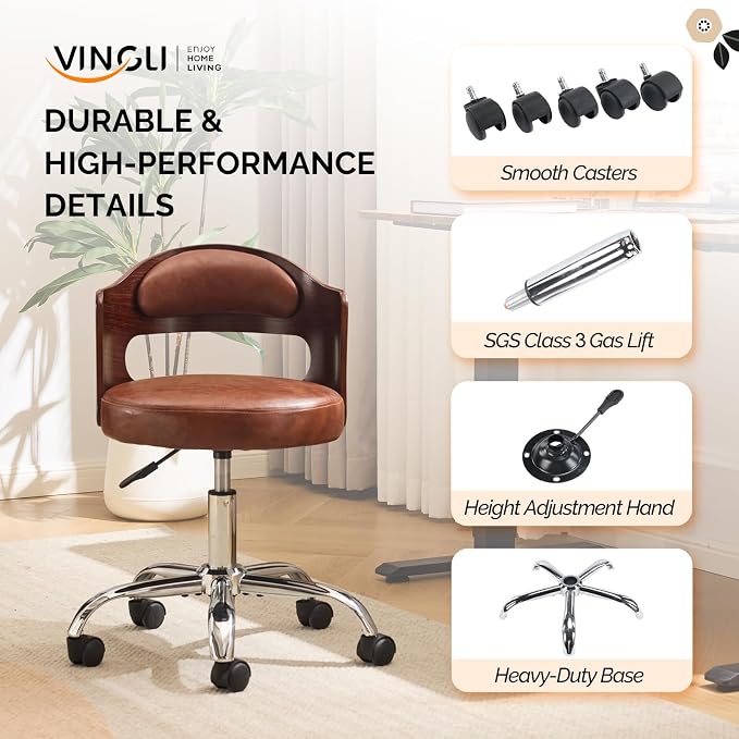 VINGLI Armless Home Office Desk Chair, Adjustable Swivel Chair,Dual-Use with/no Wheels,Small Retro Designed Walnut Curved Task Chair,Cushioned Nail Tech Chair for Study Area,Workspace,PU,Brown