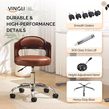 VINGLI Armless Home Office Desk Chair, Adjustable Swivel Chair,Dual-Use with/no Wheels,Small Retro Designed Walnut Curved Task Chair,Cushioned Nail Tech Chair for Study Area,Workspace,PU,Brown