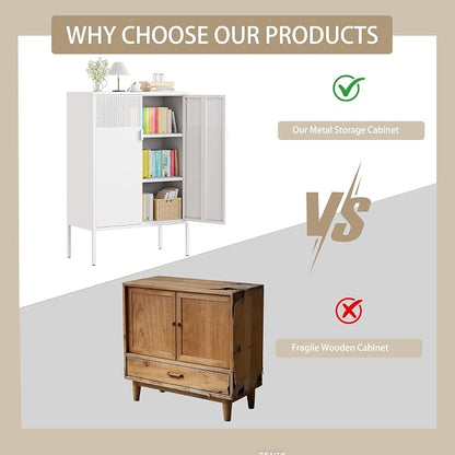 3-Tier Metal Storage Cabinet with 2 Adjustable Shelves, 2 Mesh Door Metal Locker Accent Cabinet with Legs, White Storage Cabinets, Metal Tv Stand Cabinet for Home, Office, Entryway & Hallway