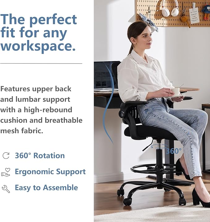 DUMOS Drafting Chair with Flip-up Arms, Tall Office Standing Desk Chair with 360° Swivel Rolling Wheels, Counter Height Adjustable, High Ergonomic Mesh Computer Chairs, Ink