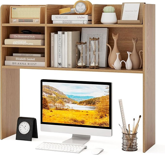 GOFLAME 6 Shelves Desktop Bookshelf, 37” Desk Hutch Dorm for Computer Monitor Up to 32”, 3-Tier Countertop Display Rack, Wood Desk Storage Organizer Shelf for Home Office, Study, Natural