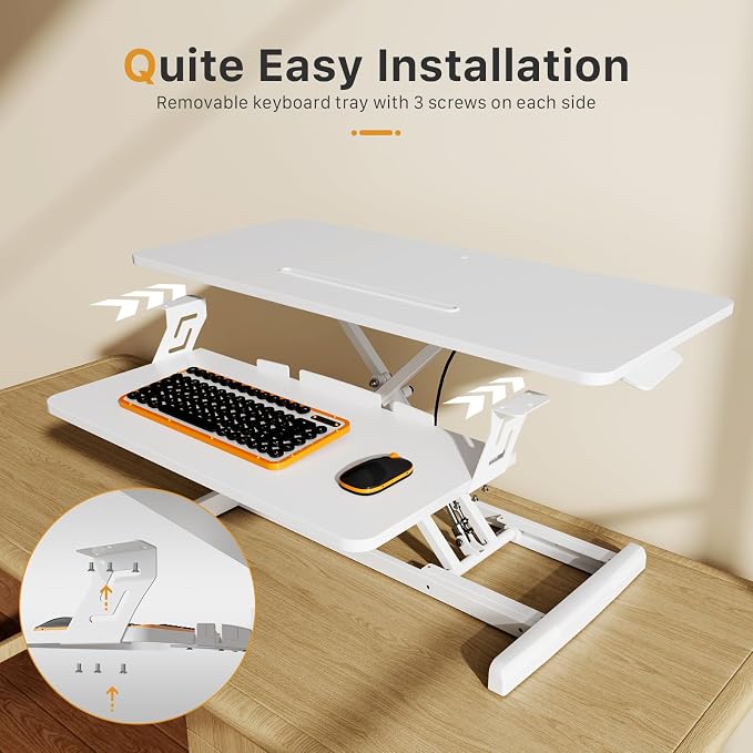 JOY worker Standing Desk Converter, 35" Wide Height Adjustable Sit Stand Up Desk Riser with Keyboard Tray, Desktop Workstation Riser for Home Office Computer Laptop, Particle Board, White