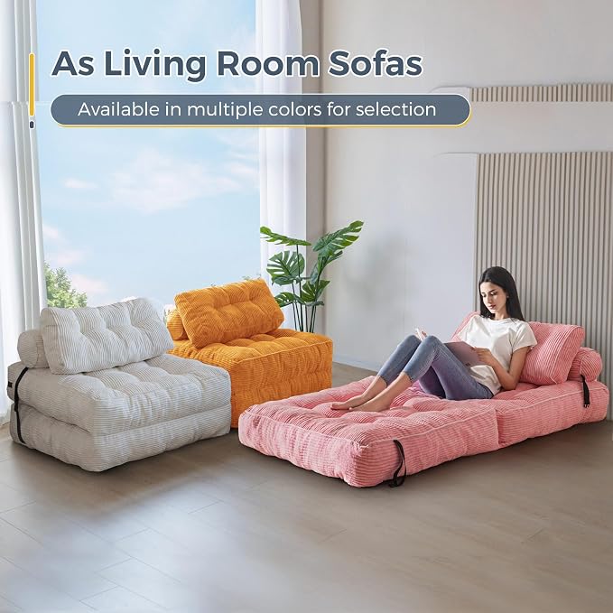 MAXYOYO Folding Sofa Bed, Convertible Chair with Pillow Foldable Couch with Back Support, Portable Fold Out Chair Bed Comfy Floor Sofa Lounge for Living Room Bedroom, Orange, Single