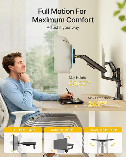 monTEK Extra Tall Dual Monitor Arms with USB, Mechanical Spring Desk Mount for 17 to 35 Inch 2 Screens, Smooth Precision Bearings, Holds up to 26.4 lbs Per Arm, C-Clamp/Grommet Base, VESA 75/100mm