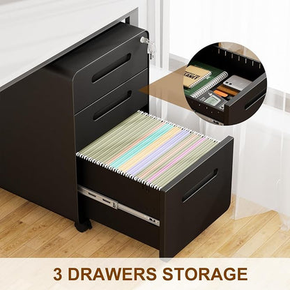 3 Drawer File Cabinet with Lock and 4 Keys, Mobile Metal Filing Cabinet, File Cabinets for Home Office, Under Desk, Pre-Assembly, File Drawer, Letter/Legal/A4 Hanging File Folders