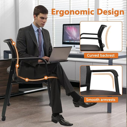CLATINA Mesh Back Guest Reception Stacking Chair with Wheels, Waiting Room Stackable Chairs with Upholstered Leather Seat & Ergonomic Lumbar Support for Office Conference School Lobby, Black, 4 Pack