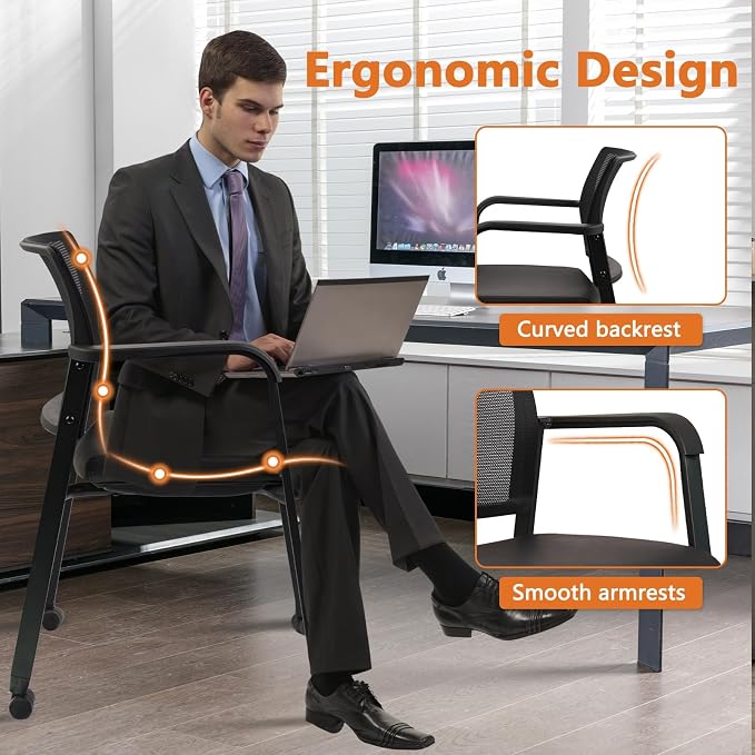 CLATINA Mesh Back Guest Reception Stacking Chair with Wheels, Waiting Room Stackable Chairs with Upholstered Leather Seat & Ergonomic Lumbar Support for Office Conference School Study Lobby, Black