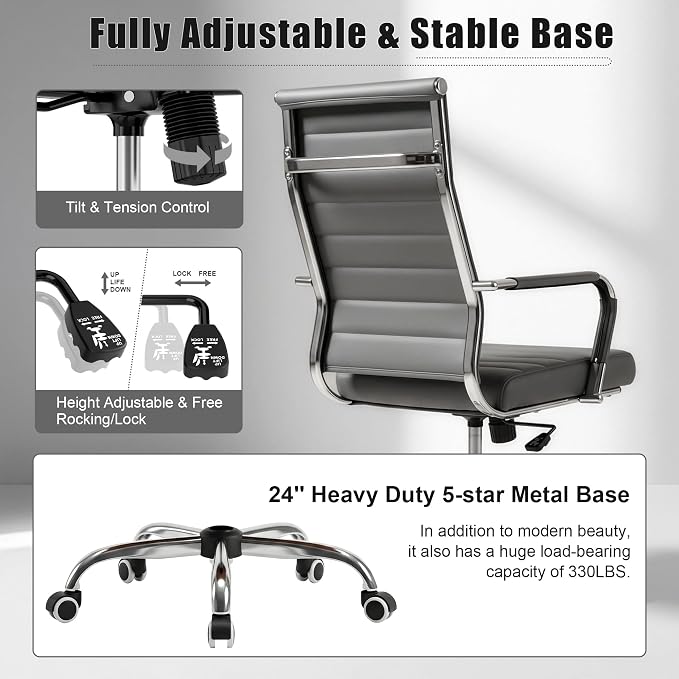 Okeysen Grey Office Desk Chair, Ergonomic Leather Modern Conference Room Chairs, Executive Ribbed Adjustable Swivel Rolling Chair for Home Office.