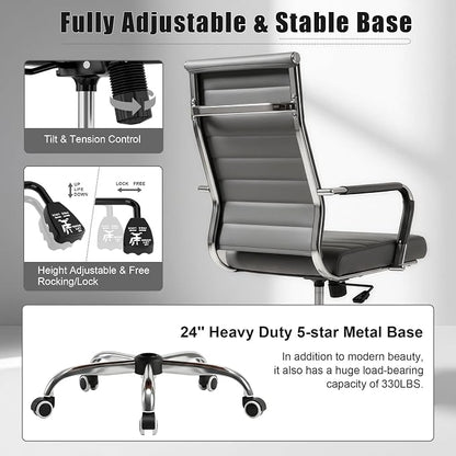 Okeysen Grey Office Desk Chair, Ergonomic Leather Modern Conference Room Chairs, Executive Ribbed Adjustable Swivel Rolling Chair for Home Office.