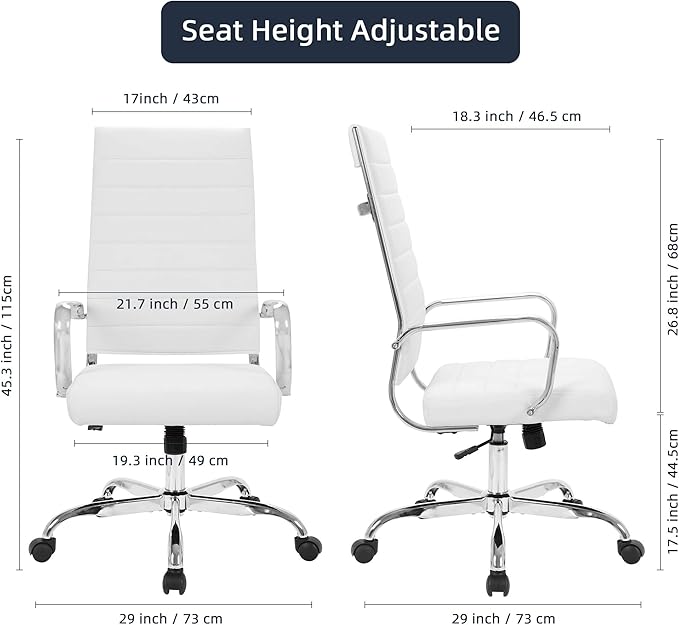LANDSUN Home Office Chair Ribbed Leather High Back Executive Swivel Computer Desk Chairs with Wheels and Armrests Soft Padded Adjustable Height Modern Conference Chrome White