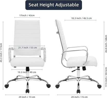 LANDSUN Home Office Chair Ribbed Leather High Back Executive Swivel Computer Desk Chairs with Wheels and Armrests Soft Padded Adjustable Height Modern Conference Chrome White