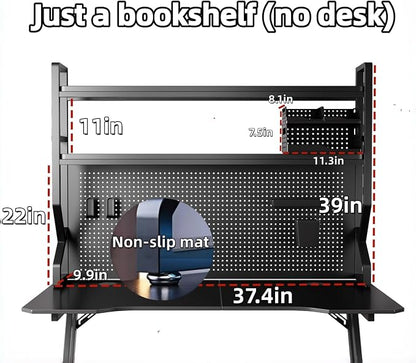Desktop Hutch Bookshelf,Many Gifts,Metal Desktop Bookcase with pegboard, Desk Shelf Black, Countertop Storage Organizer Rack for Dorm or Office,Desktop Shelves(Black, 37.4" Lx9.9 Wx39 H)