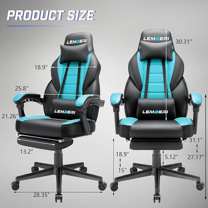 LEMBERI Big and Tall Gaming Chair 400lb Capacity, Heavy-Duty Office Chair with Reinforced Footrest, Wide Seat High Back PC Desk Chair with Linkage Armrests, Thickened Steel Frame, PU Leather, Blue