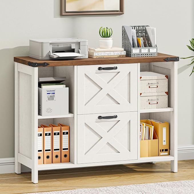 Halitaa 2 Drawer File Cabinet, Farmhouse Lateral Filing Cabinet Fits File Letter or A4 Size, Wooden Printer Stand with Open Storage Adjustable Shelf for Home Office, Rustic White