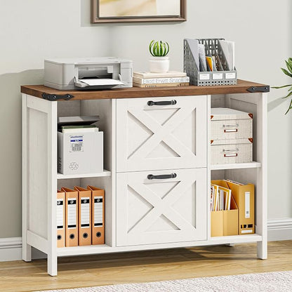 Halitaa 2 Drawer File Cabinet, Farmhouse Lateral Filing Cabinet Fits File Letter or A4 Size, Wooden Printer Stand with Open Storage Adjustable Shelf for Home Office, Rustic White