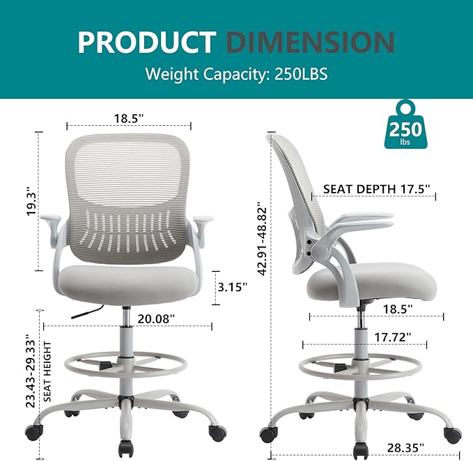 DUMOS Drafting Chair for Standing Desk, Flip-up Arms, Counter Height Adjustable, Ergonomic Mid Back Mesh Rolling Work 360°Swivel Home Office Computer Chairs with Wheels, Grey