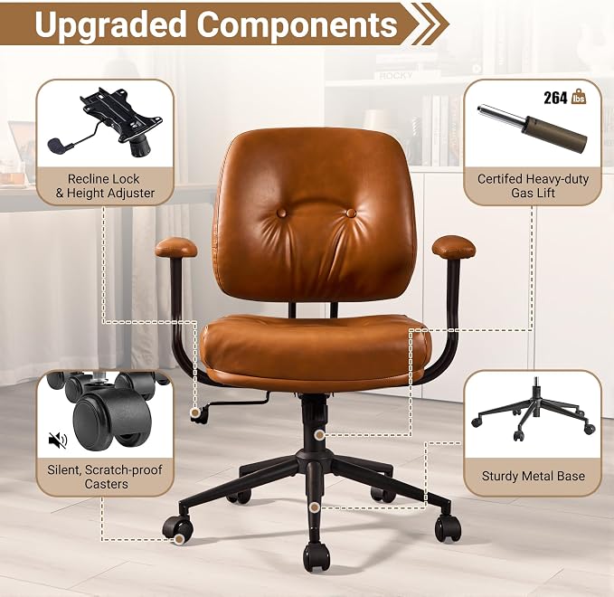Ergonomic Home Office Chair, Mid-Century PU Leather Home Office Desk Chairs with Wheels, Office Computer Chair with Rocking Swivel (Brown,PU Leather)