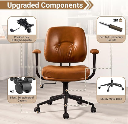 Ergonomic Home Office Chair, Mid-Century PU Leather Home Office Desk Chairs with Wheels, Office Computer Chair with Rocking Swivel (Brown,PU Leather)