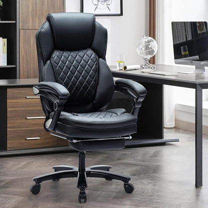 500lbs Reclining Office Desk Chair with Footrest, Managerial Executive Chair Lounge Chair for Office, Plus Size Black Leather Recliner Office Chairs