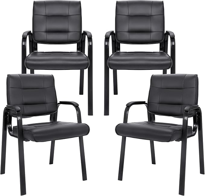SUPER DEAL Office Guest Chair Bonded Leather Executive Side Chair Reception Chair with Solid Metal Frame Home Office Furniture, Set of 4, Black