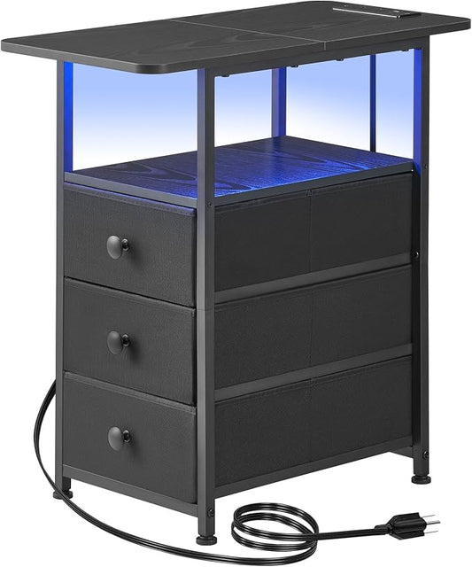 DALEMHOME Narrow End Table with Charging Station, Narrow Side Table with 3 Fabric Drawers, Slim Nightstand with LED Light, Small Bedside Table with Storage, Living Room, Bedroom, Black HKET1303BK