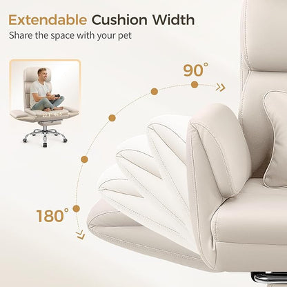 Big and Tall Office Chair 500LBS, Ergonomic High Back Leather Executive Chair, Reclining Swivel with Adjustable Armrests Lumbar Support Footrest, Cross Legged, Beige