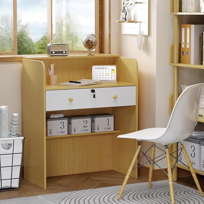 OmySalon Reception Desk with Counter, Small Front Desk w/Lockable Drawer, Wooden Modern Reception Table for Salon Lobby Office Home (Original Wood, 32)