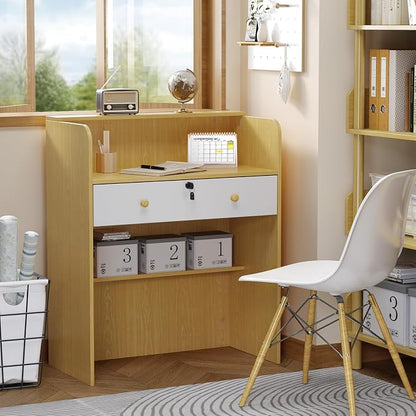 OmySalon Reception Desk with Counter, Small Front Desk w/Lockable Drawer, Wooden Modern Reception Table for Salon Lobby Office Home (Original Wood, 32)