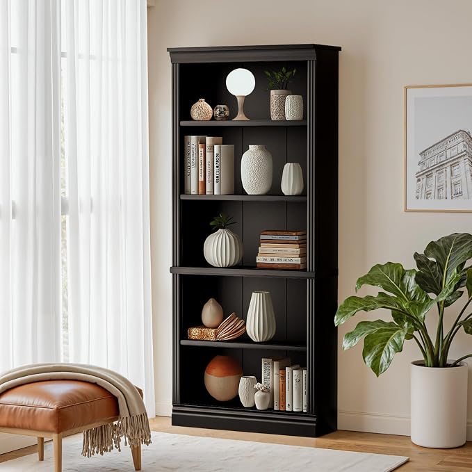 Furniwell Bookcase Bookshelves, 5-Shelf Tall Bookcase 71" Wood Open Display Floor Bookshelf, Large Storage Organizer for Library, Bedroom, Living Room (Black)