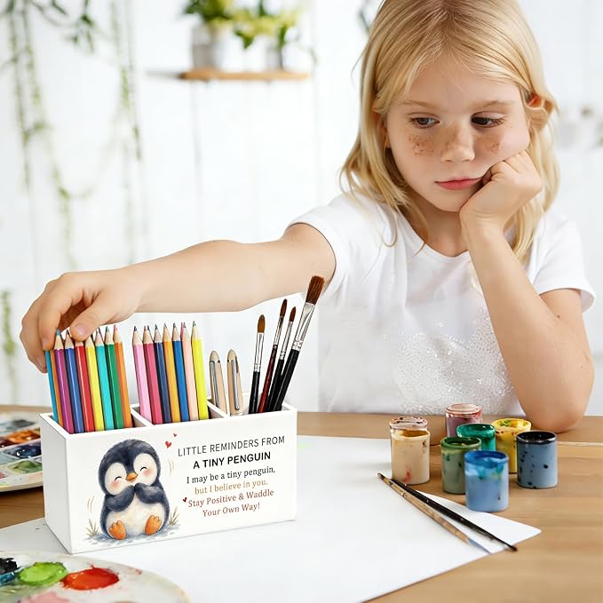 Positive Penguin Pen Pencil Holder Desk Accessories Gifts for Women | Cute Penguin Inspirational Pen Pencil Wooden Organizer Office Desk Accessories Decor for Dorm Room Bedroom Tabletop