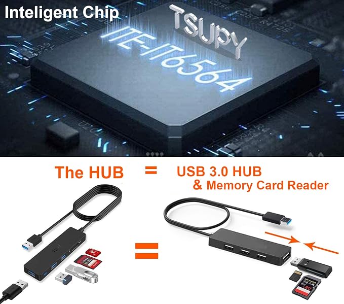 USB Hub 3.0 Splitter, TSUPY USB 3.0 Hub Multi USB Adapter Port Expander with 4ft Cable, SD/TF Card Reader & 3 USB 3.0 Ports Compatible for PC, Laptops, Surface Pro, MacBook, iMac Pro