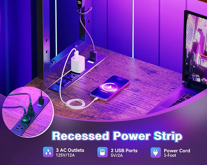 AODK L Shaped Desk Gaming Desk with LED Light & Power Outlet, 53 Inch Reversible L Shaped Computer Table with Shelf & Storage Bag & Hook for Home Office, Vintage