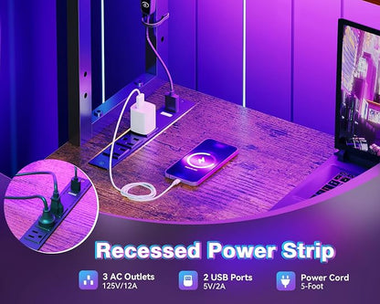 AODK L Shaped Desk Gaming Desk with LED Light & Power Outlet, 53 Inch Reversible L Shaped Computer Table with Shelf & Storage Bag & Hook for Home Office, Vintage