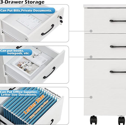 Panana 3 Drawer Wood Mobile File Cabinet, Under Desk Storage Drawers Small File Cabinet for Home Office (White)