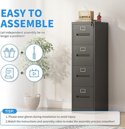 4 Drawer File Cabinet with Lock, Metal Vertical Filing Cabinet for Home Office, Office Furniture for Organization Hanging Files for A4/ Legal/Letter, Heavy Duty Storage Cabinet,Require Assembly-Black