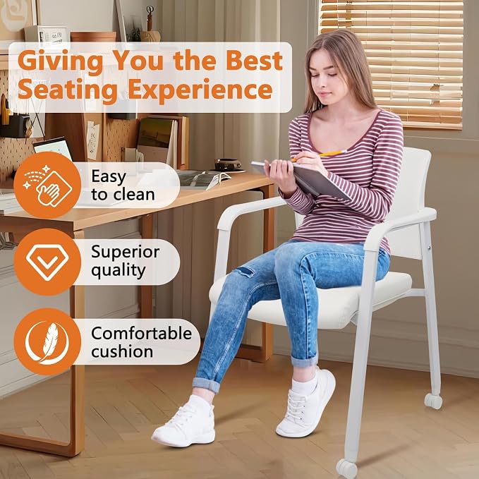 CLATINA Mesh Back Guest Reception Stacking Chair with Wheels, Waiting Room Stackable Chairs with Upholstered Leather Seat & Ergonomic Lumbar Support for Office Conference School Lobby, White, 8 Pack