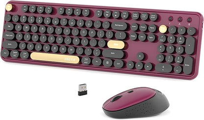 Colorful Wireless Computer Keyboards Mouse Combos, UBOTIE Polychrome Round Keycaps Retro PC Keyboards 2.4GHz Radio Frequency Connection with Optical Mouse(Black Claret)