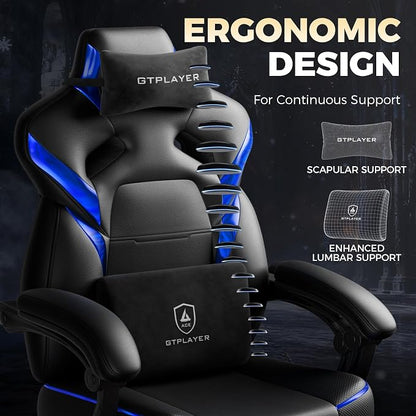 GTPLAYER Big and Tall Gaming Chair for Adults, Ergonomic Office Chair with Footrest, Heavy Duty 350 lbs Capacity, High Back, Premium Leather & Iridescent Trim, ACE-Armor, Black & Blue