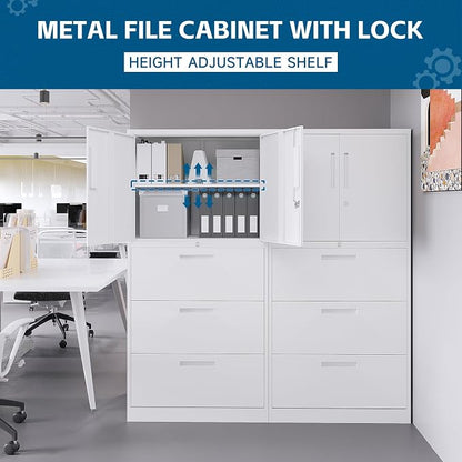 PEUKC 3-Drawer Metal File Cabinet, Lateral Vertical Filing Cabinets for Home Office, Locking Cabinet with Storage Shelves, Legal/Letter/A4 Size Office File Cabinet,(White, Assemble Required)