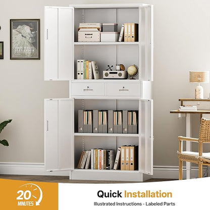 Metal Storage Cabinet with 2 Drawers 71" H,White Metal Garage Cabinets with 2 Lockable Doors and Adjustable Shelves, Locking Cabinet for Home Office,Pantry,Garage,Warehouse